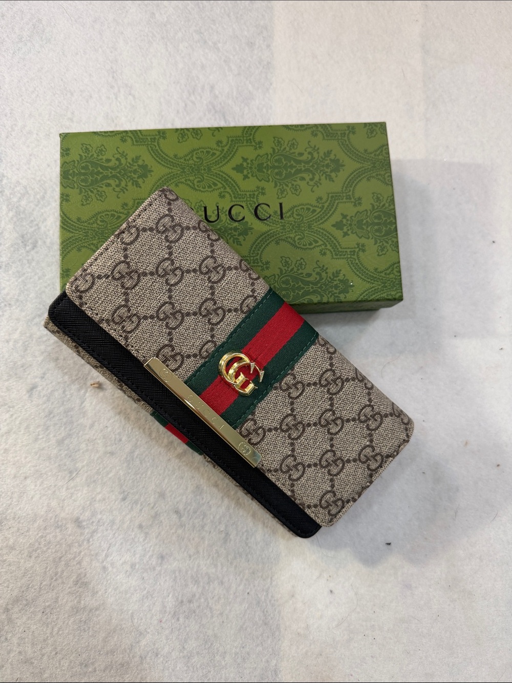 Beige Canvas Wallet with Green and Red Web Stripe